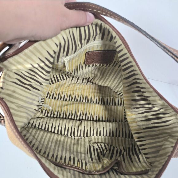 Fossil Shoulder Bag Natural Woven Fabric Paisley Leather Brown Beige Wooden Key - Picture 9 of 13